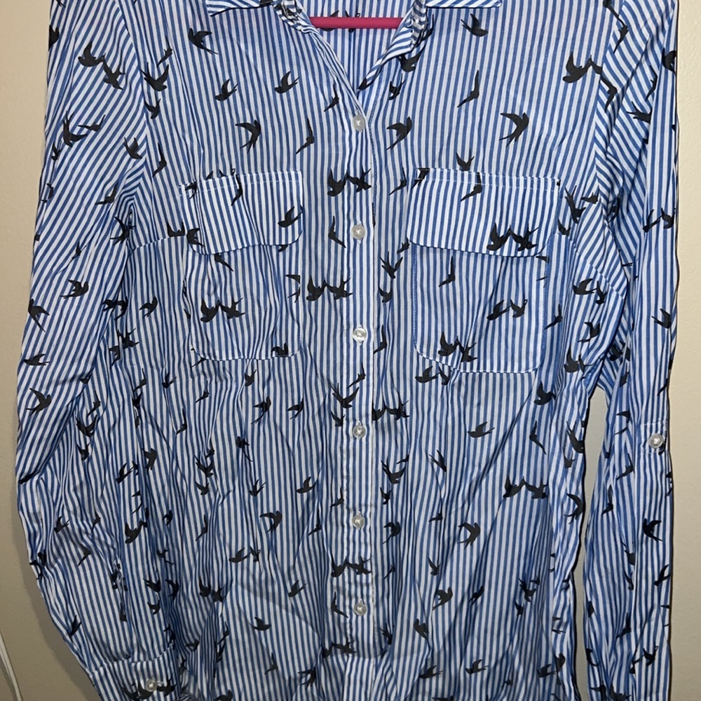 Express Blue and White Striped Bird Print Button Down Shirt Blouse - Picture 5 of 7